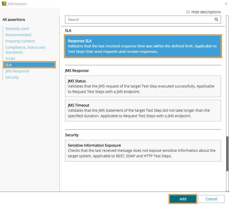 Validating results of functional web service tests: The Add Assertion dialog
