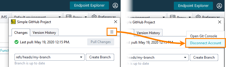 Disconnecting Git account from the Git panel