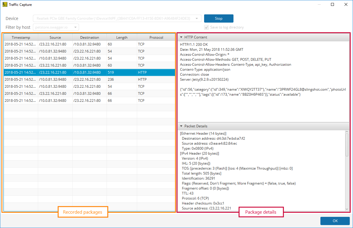 Capturing traffic in ReadyAPI: Captured traffic