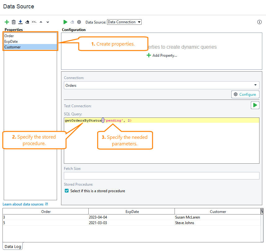 Example of using a stored procedure in the Data Connection data source