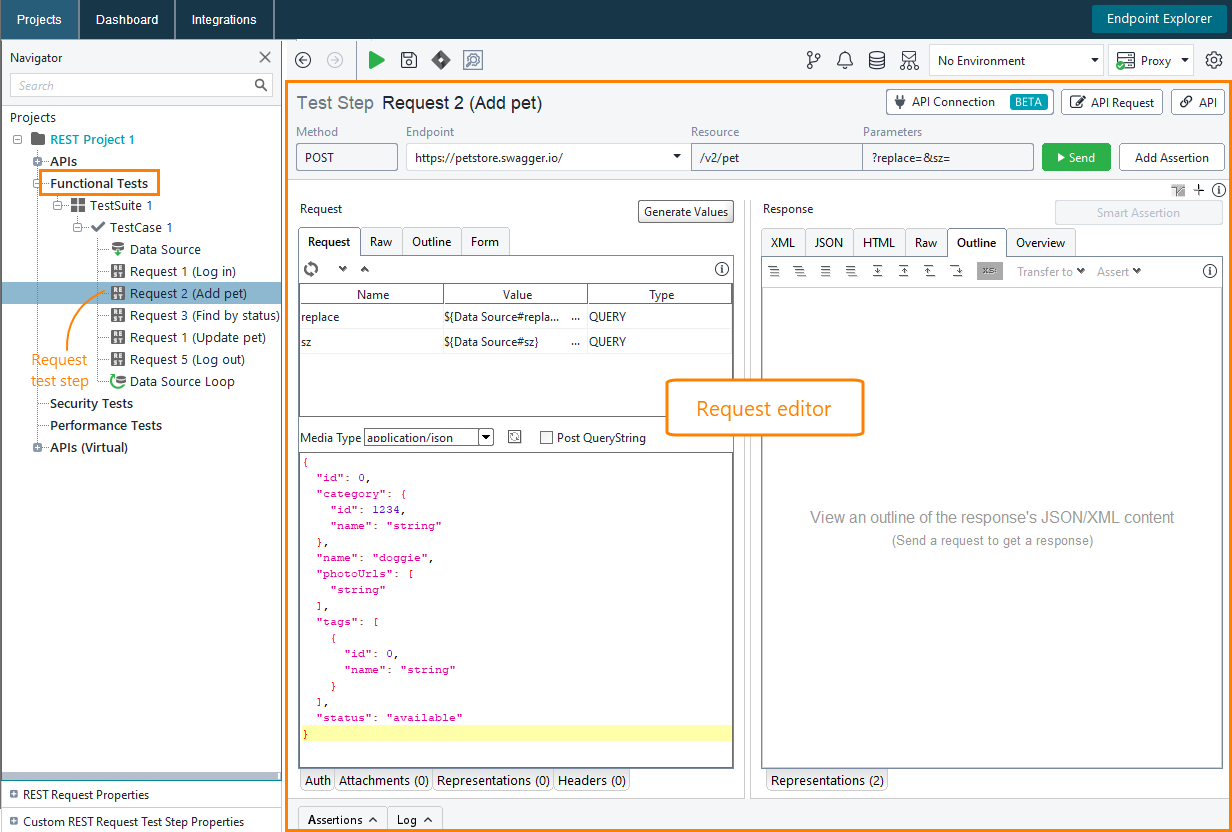 Web service testing with ReadyAPI: Request editor