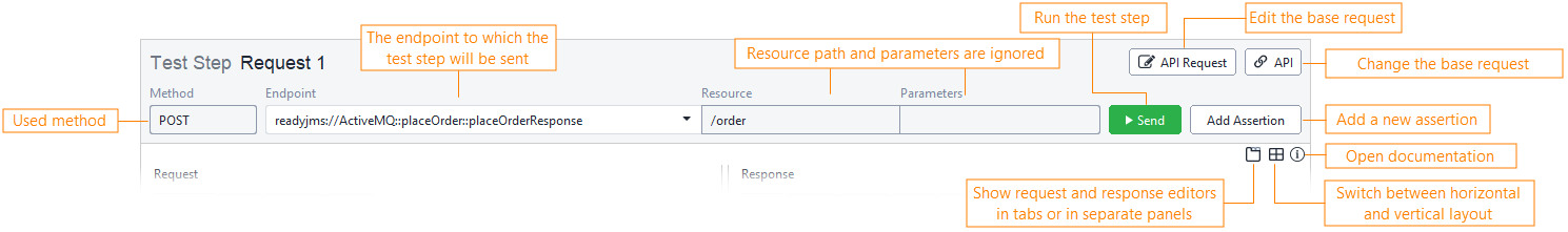 JMS Request test step toolbar for a REST service