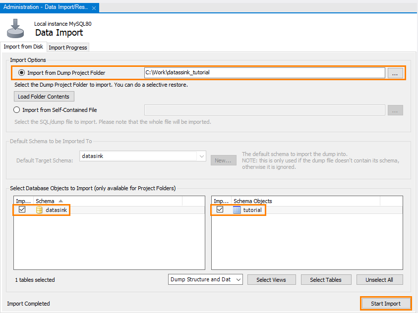 MySQL Workbench: The Data Import window