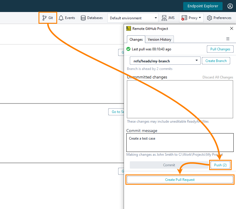 Git integration in ReadyAPI: Selecting branch
