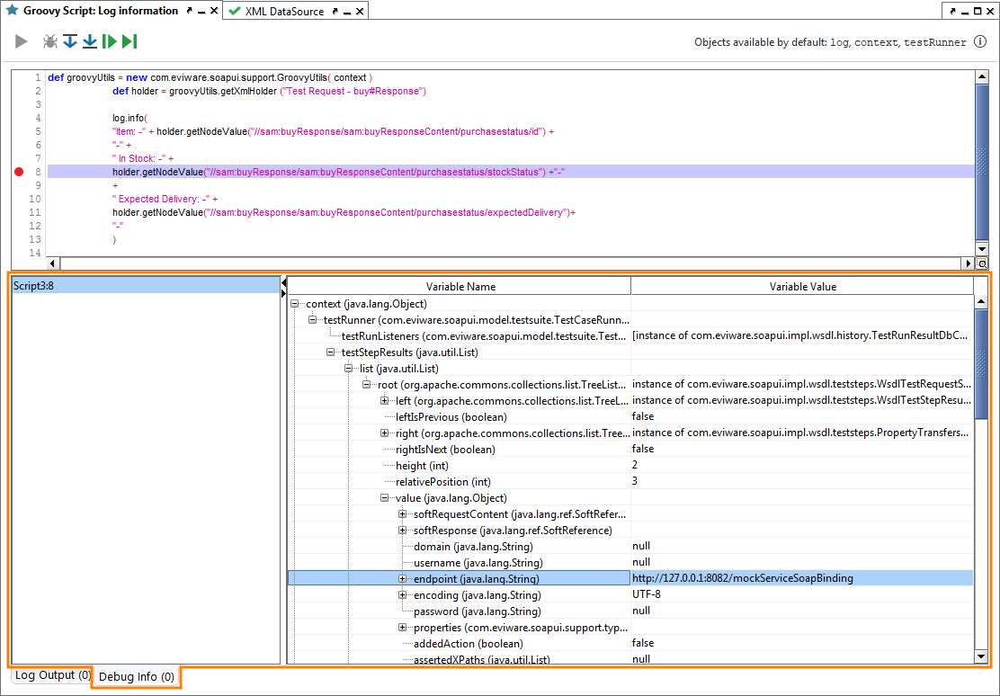 Groovy Script Debugging: Debug Info panel