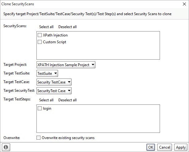ReadyAPI: The Clone SecurityScans dialog