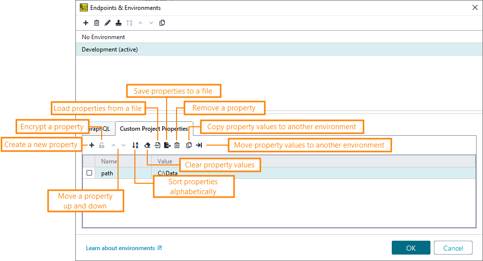 ReadyAPI: The Custom Project Properties tab of the Environments editor