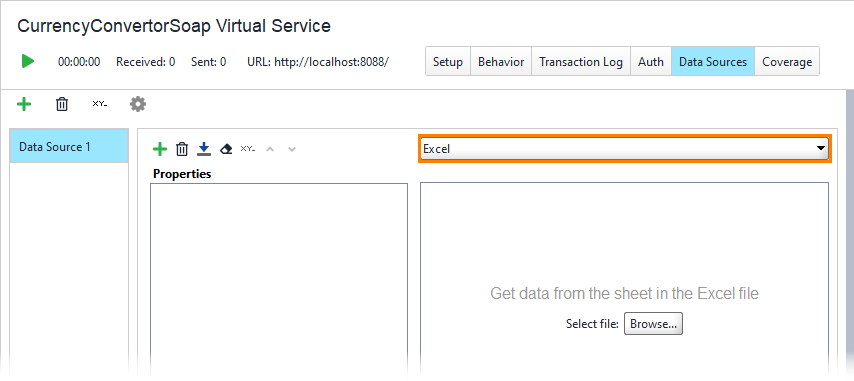 Service virtualization and API testing: Creating a new data source and selecting its type