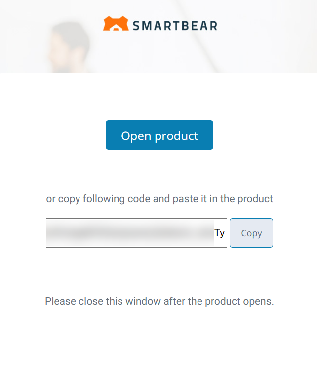 SmartBear authorization page offering “Open product” button or code to copy and paste into ReadyAPI.