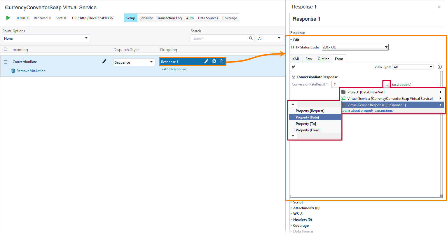 Service virtualization and API testing: Inserting property reference from the menu