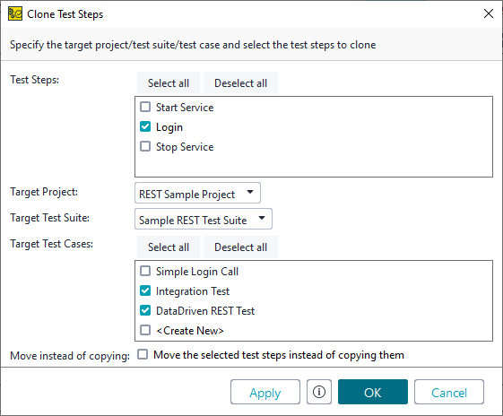 Clone Test Steps dialog