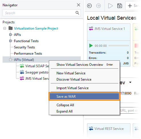 Service virtualization and API testing: Save as WAR command (context menu)