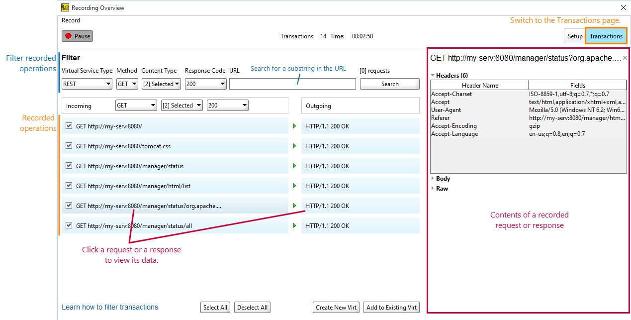Service virtualization and API testing: Recorded requests and responses on the Transactions page