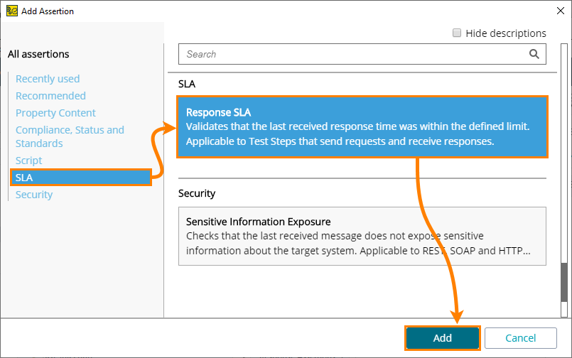 ReadyAPI: The Add Assertion dialog