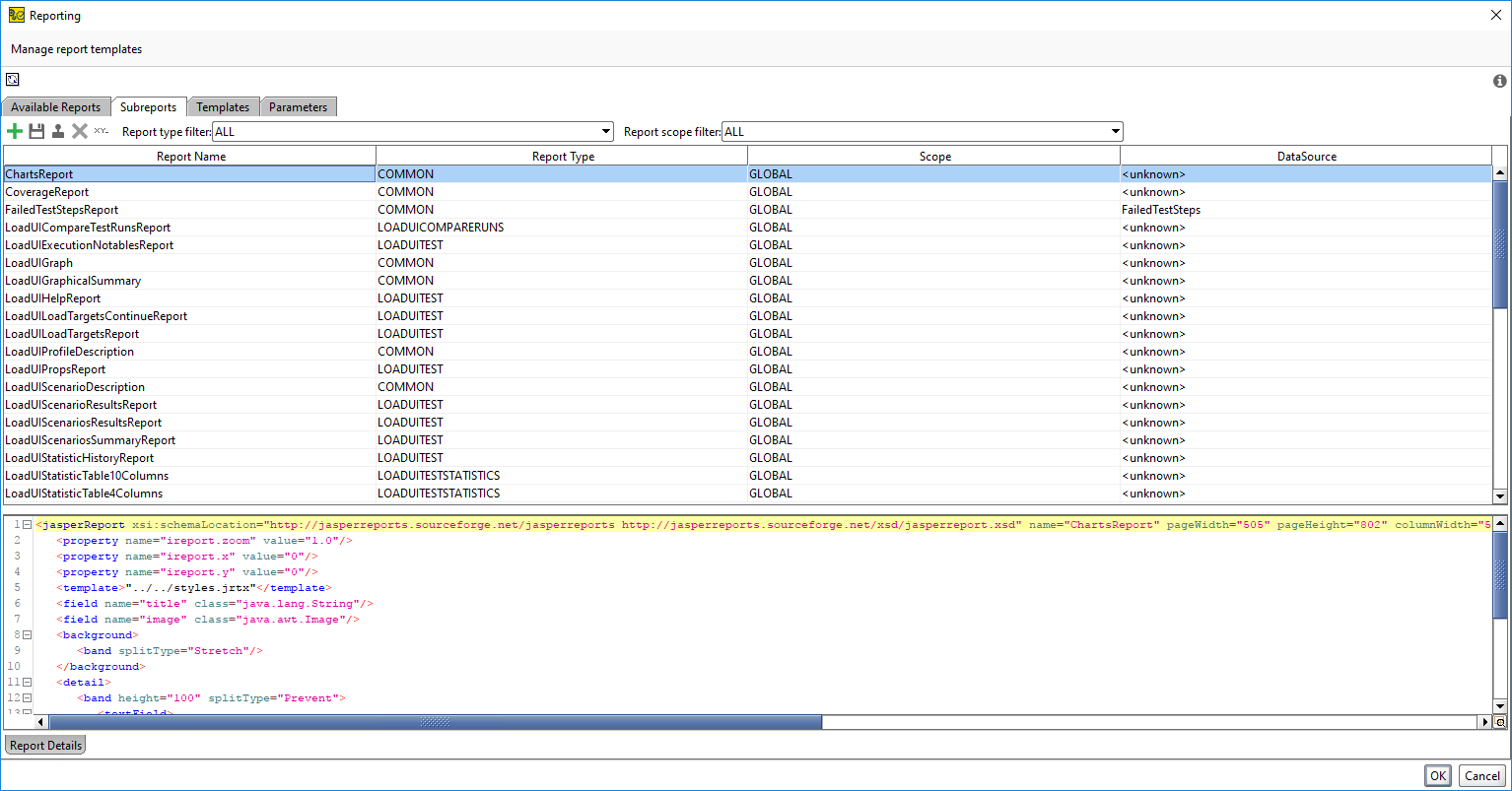 ReadyAPI: The Subreports tab of the Reporting window