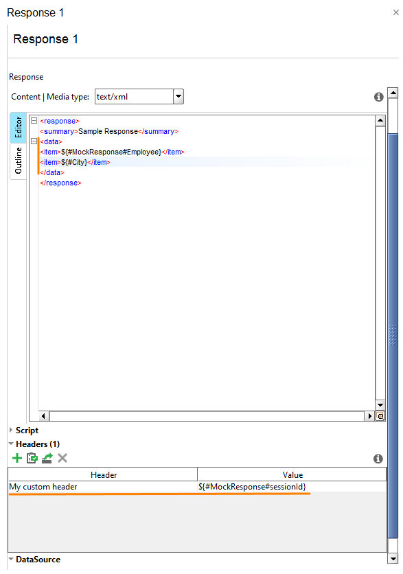 Service virtualization and API testing: Referring to data source properties