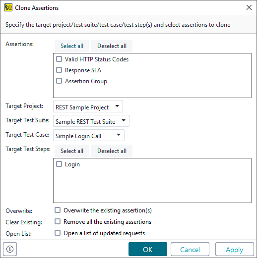 ReadyAPI: The Clone Assertions dialog
