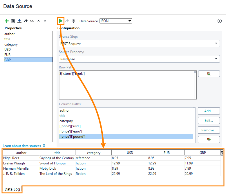 Configuring JSON data source: Run data source