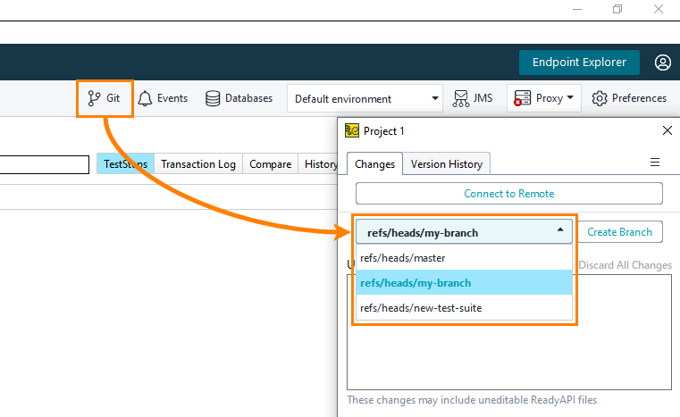 Git integration in ReadyAPI: Selecting branch