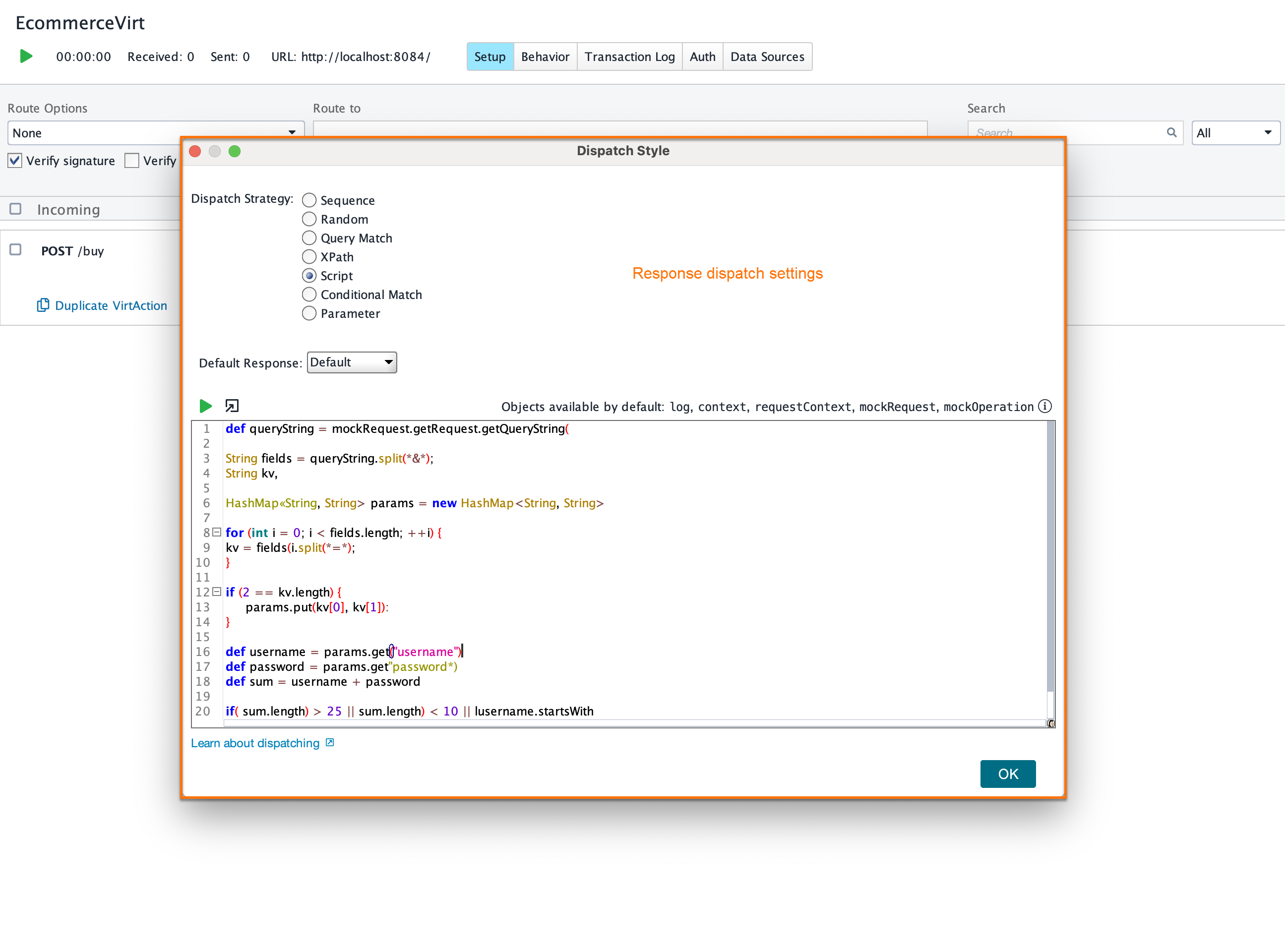 Service virtualization and API testing: Response dispatch settings