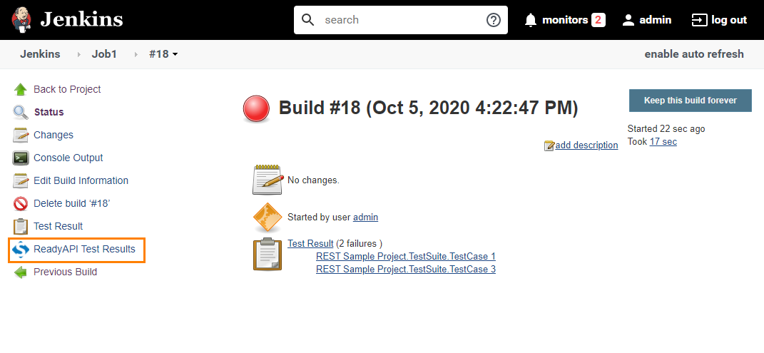 The SoapUI Pro Test Results link