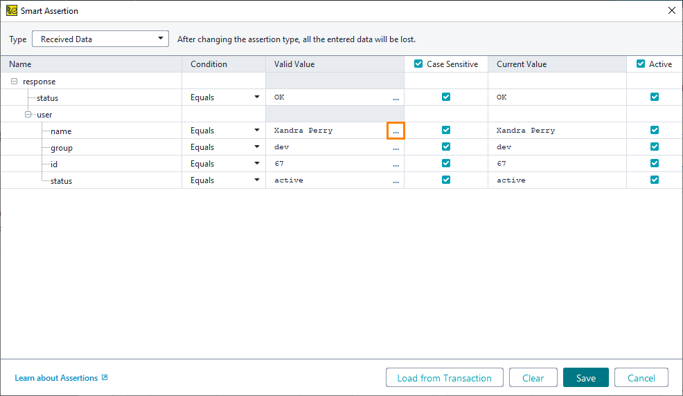 Functional API testing: Configure Smart Assertion dialog