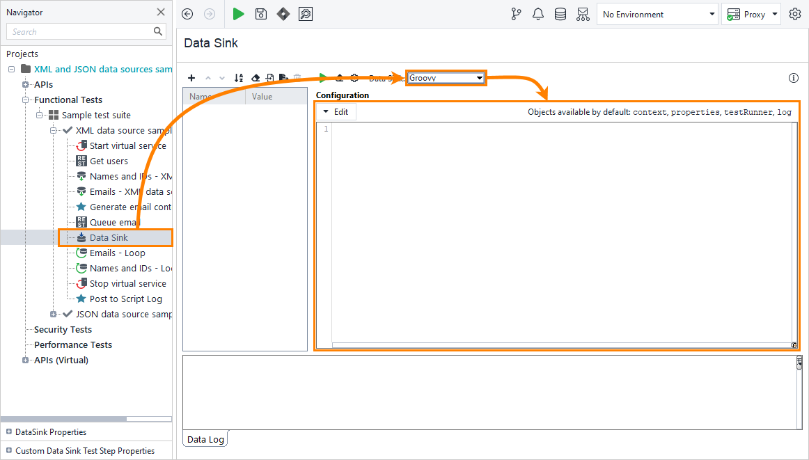 Data sink script editor