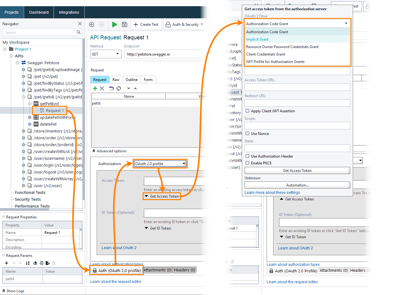 Select OAuth 2.0 flow via the Auth panel