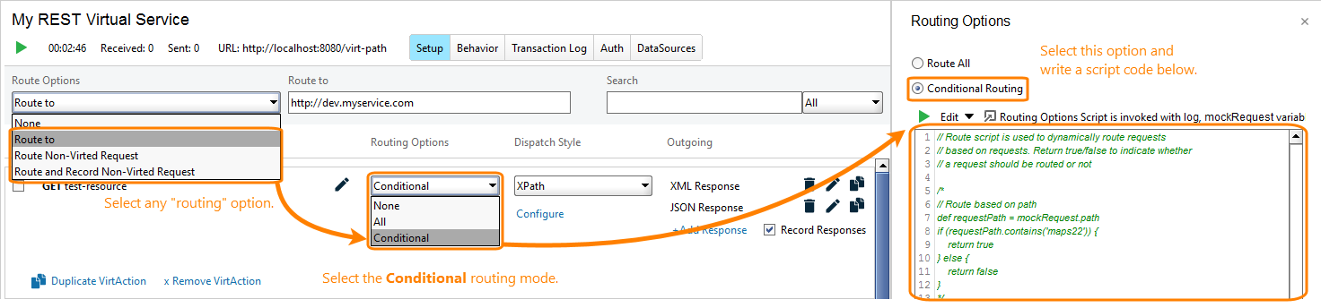 Service virtualization and API testing: Setting conditional request routing