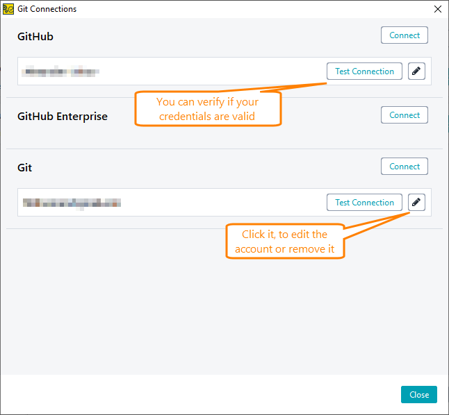 Connected Git accounts in ReadyAPI