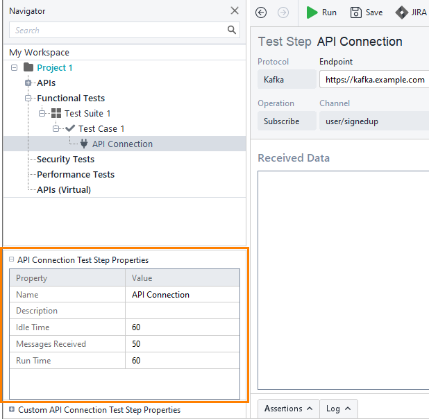 Support for AsyncAPI definitions in ReadyAPI 3.8.0: API Connection test step properties