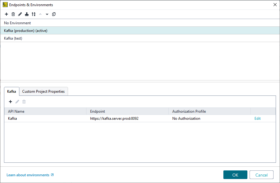 Environments in ReadyAPI: The Kafka tab of the Environments editor