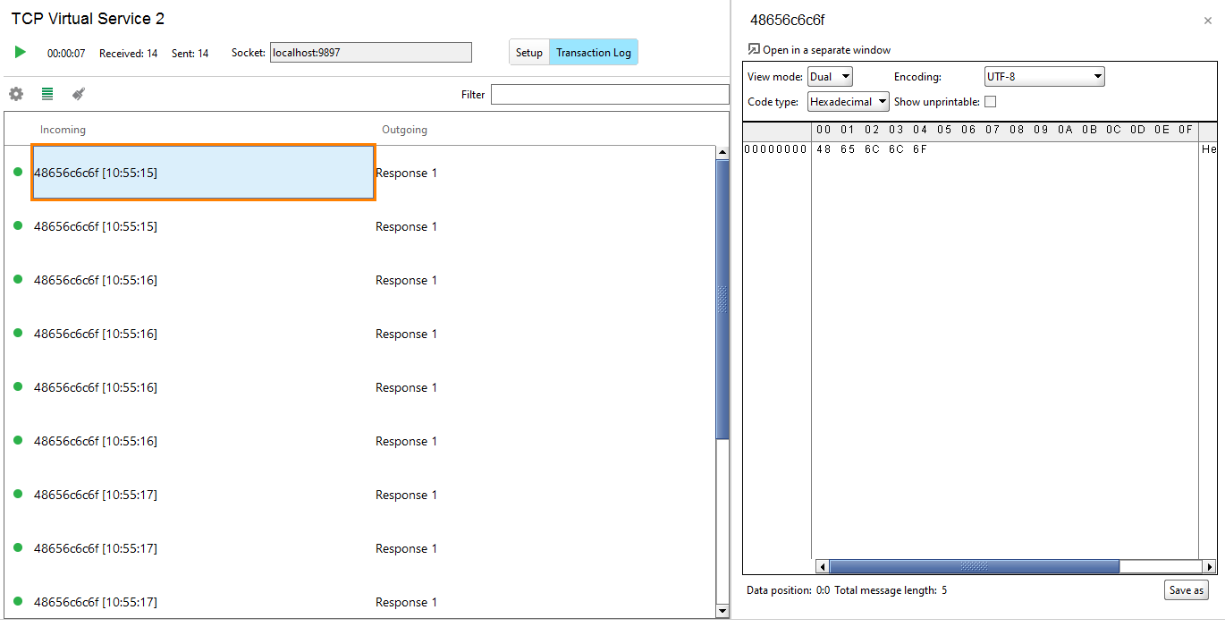 Service virtualization and API testing: TCP request log