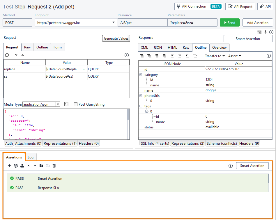Web service testing with ReadyAPI: Assertions panel