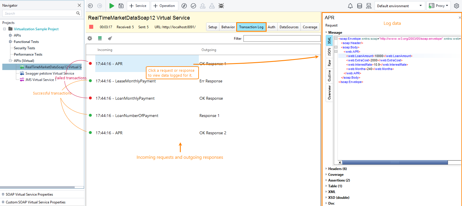 Service virtualization and API testing: The Transaction Log page