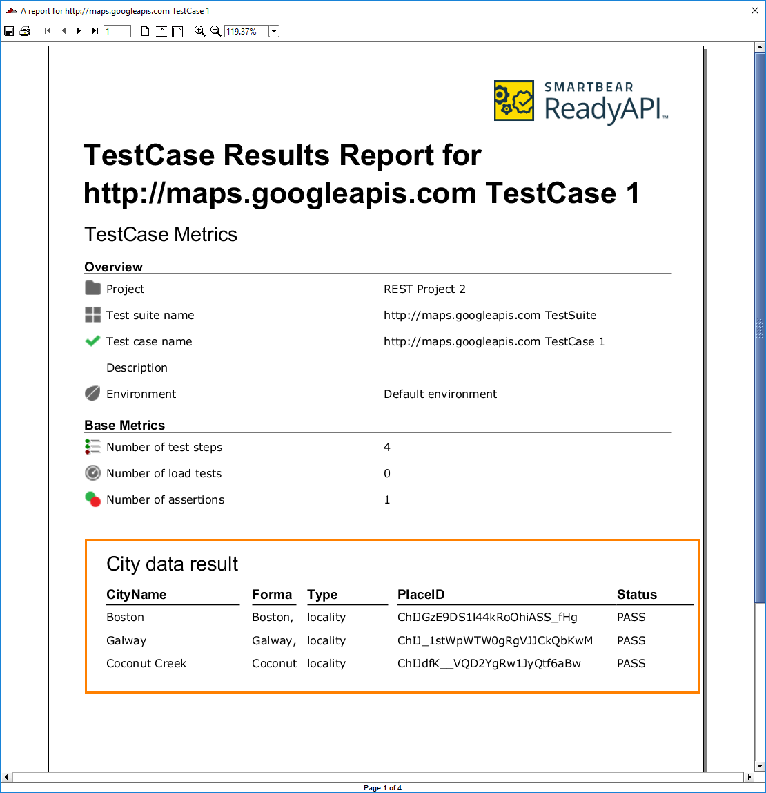 ReadyAPI: The report with the data sink's data
