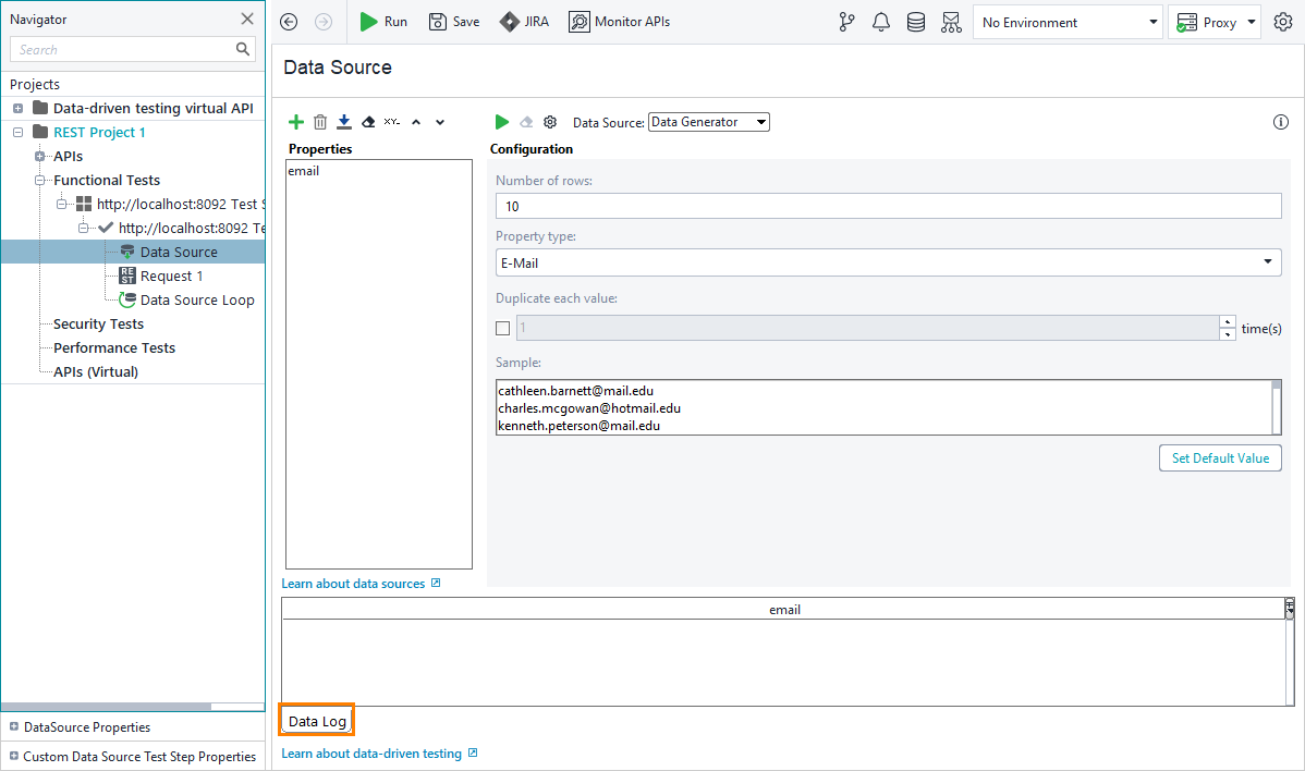 ReadyAPI: Switching to the data log
