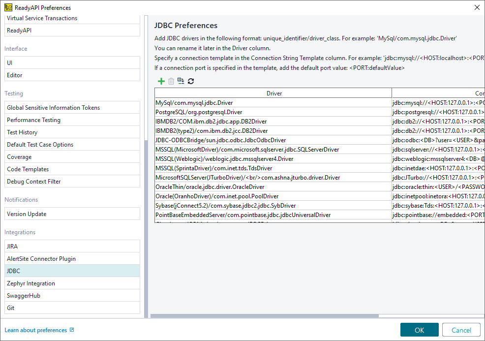 ReadyAPI: JDBC Drivers settings