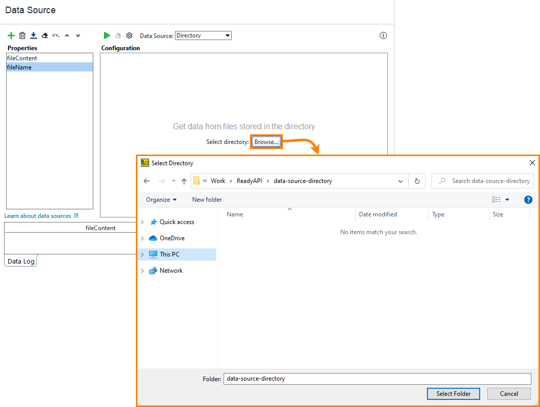 Directory data source example: Select the target directory