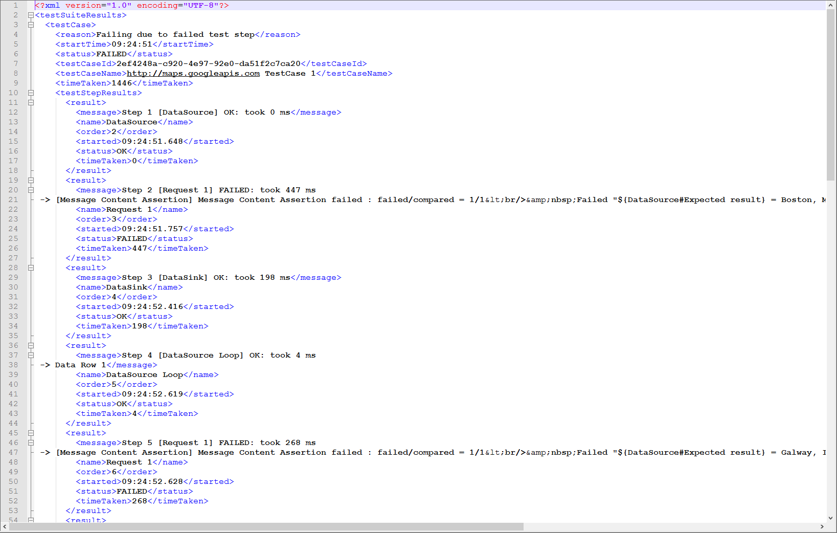 The XML export report contents