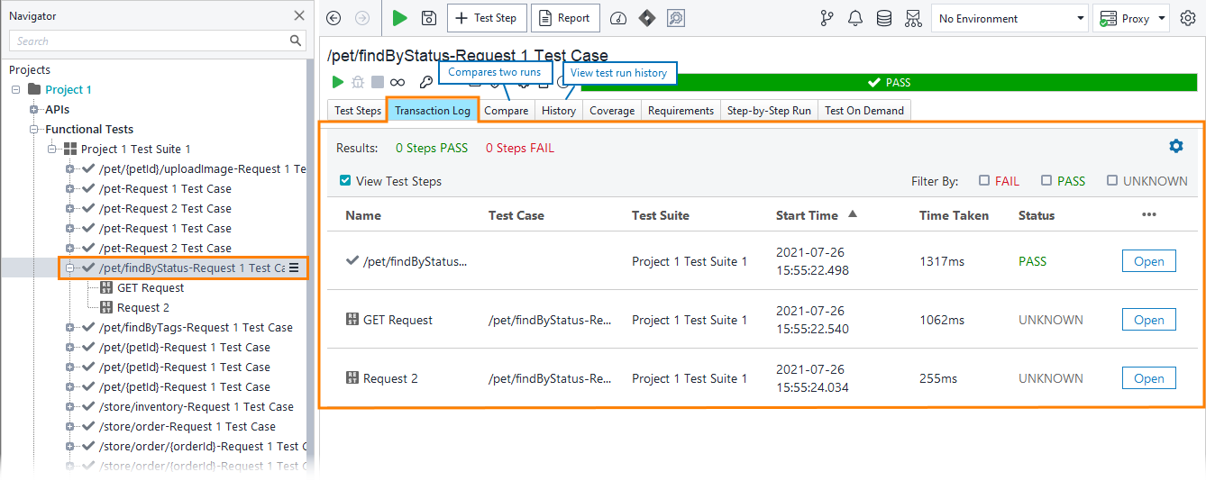 Functional web service testing with ReadyAPI: Test Case Transaction Log