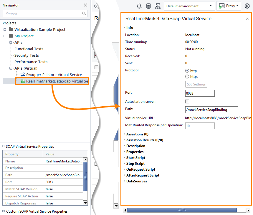Service virtualization and API testing: Properties of a SOAP virtual service